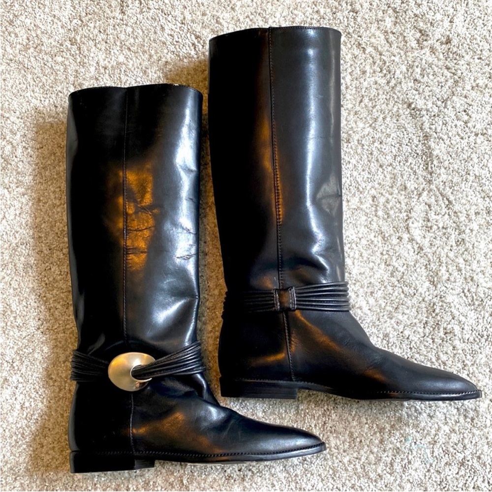 Unisa Flex vintage black leather riding boots w/ silver metal accent. Sz 6.5